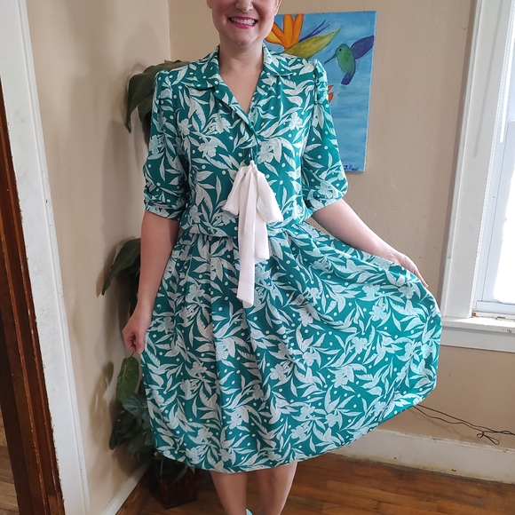 Vintage 80's Teal Hawaiian Print Dress Breli Original SZ Small - Large Range - Picture 2 of 15